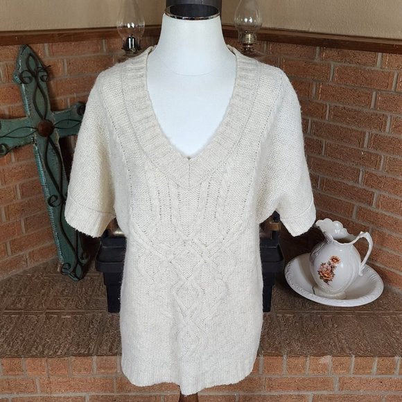 Ann Taylor LOFT Womens Sweater Wool Linen Cable Knit V Neck Cream Size Large - Picture 1 of 4